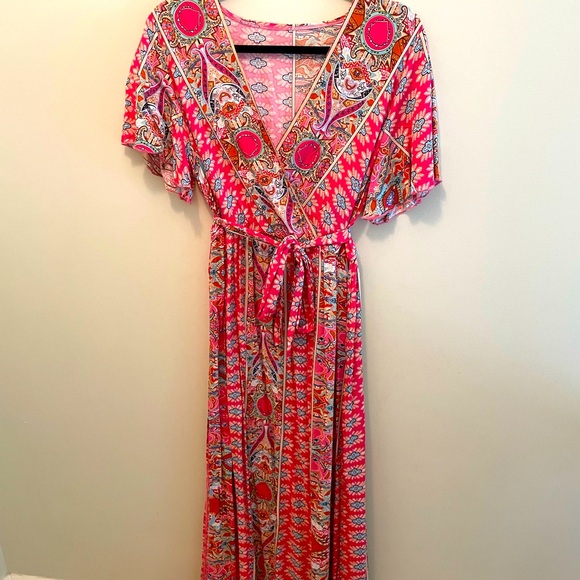 Floral Wrap V Neck Short Sleeve Dress with Belt - Picture 2 of 4